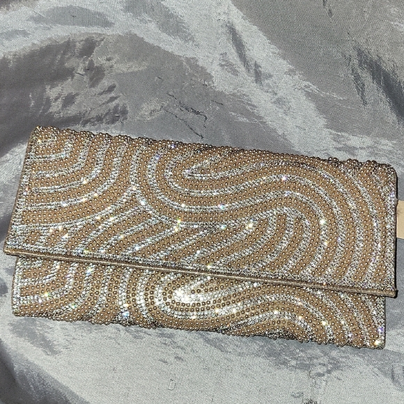 Badgley Mischka Elegant Golden Gem Pearlized Clutch Bag W Chain Shoulder Strap